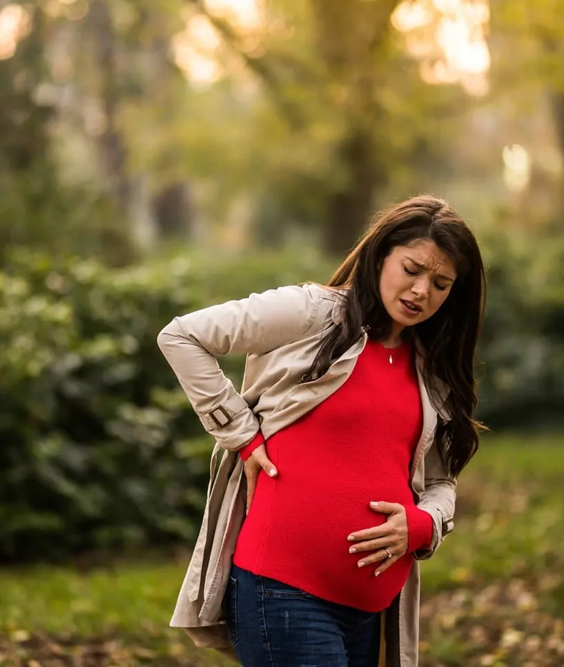 Pregnant woman feeling pain in forest